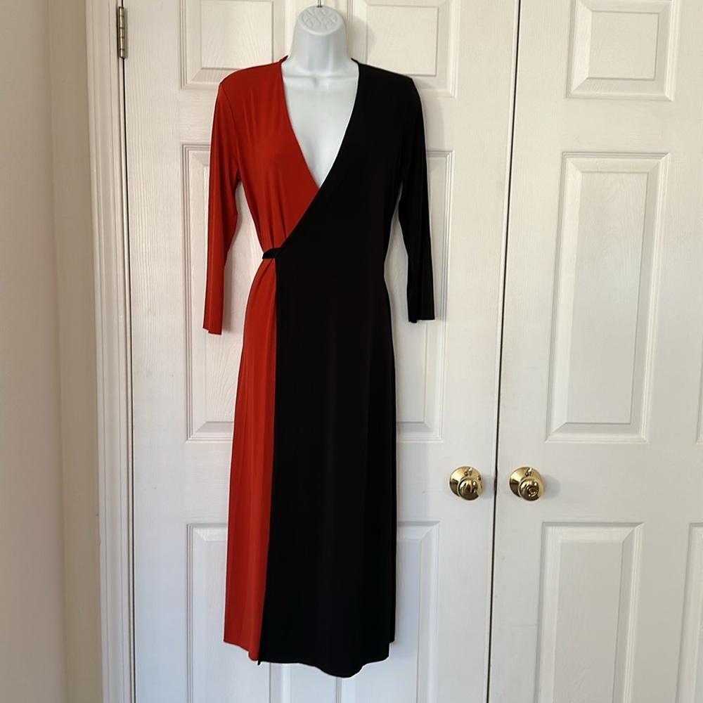 🧡🖤 ZARA Colorblock Orange Black WRAP DRESS 👗 M